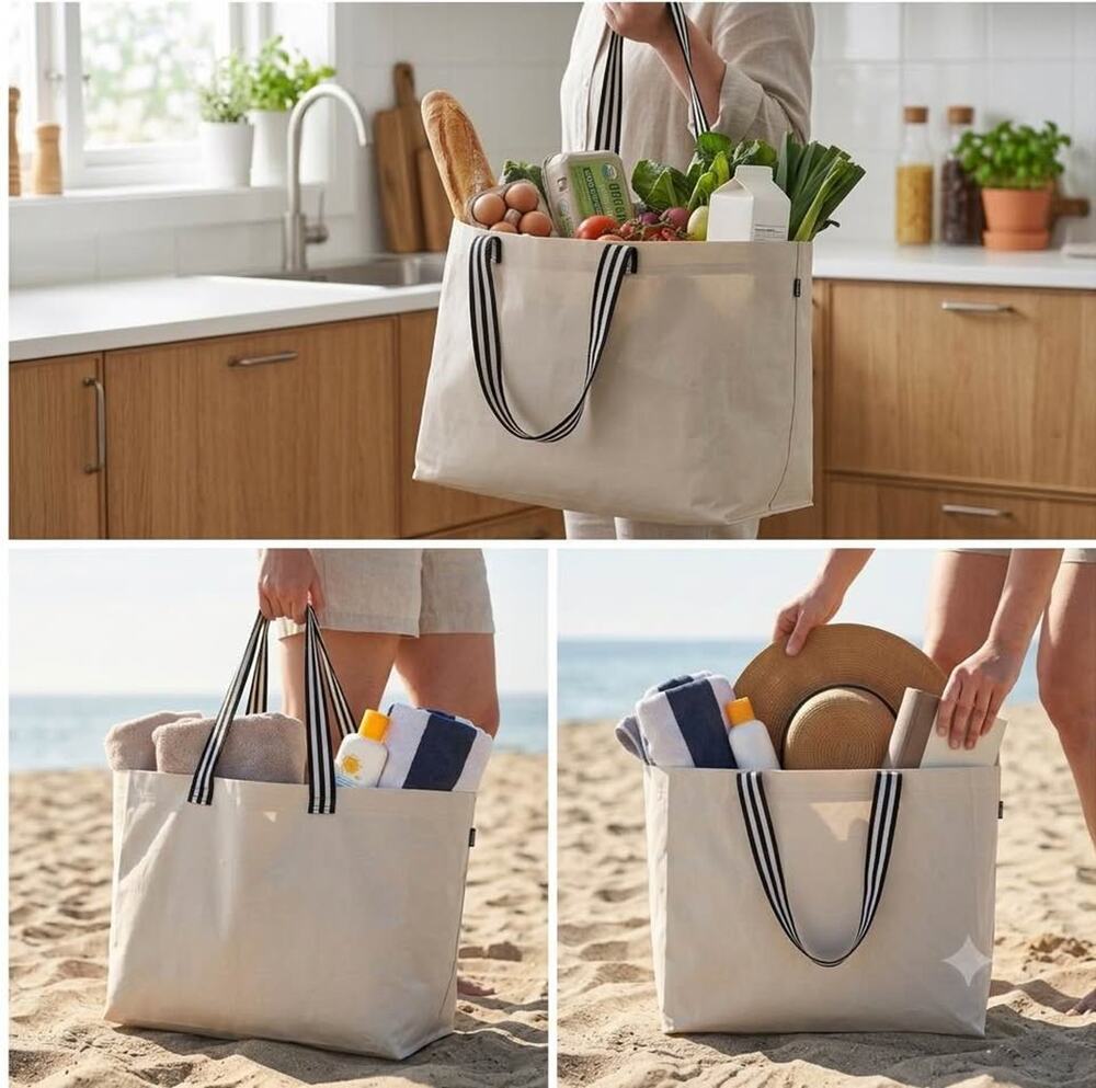 3 IKEA XL Beige Tote Bag with Striped Handles